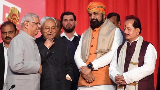Bihar chief minister Nitish Kumar and deputy chief ministers Samrat Choudhary and Vijay Kumar Sinha after oath taken ceremony at Raj Bhawan in Patna, Sunday. (Santosh Kumar/ Hindustan Times)