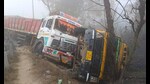 The truck then crashed into a tree. At the time of the incident, two students, a driver and an attendant were in the school van. They suffered minor injuries. (HT Photo) The truck then crashed into a tree. At the time of the incident, two students, a driver and an attendant were in the school van. They suffered minor injuries. (HT Photo)