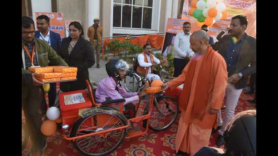 Chief minister Yogi Adityanath at a three-day programme organised for persons with physical disabilities at Baba Gambhir Nath Auditorium in Gorakhpur on Saturday. (Sourced) Chief minister Yogi Adityanath at a three-day programme organised for persons with physical disabilities at Baba Gambhir Nath Auditorium in Gorakhpur on Saturday. (Sourced)