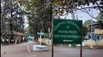 A signboard pointing to the Central University of Himachal Pradesh’s camp office that functions from a rented space in Dharamshala. (HT Photo) A signboard pointing to the Central University of Himachal Pradesh’s camp office that functions from a rented space in Dharamshala. (HT Photo)