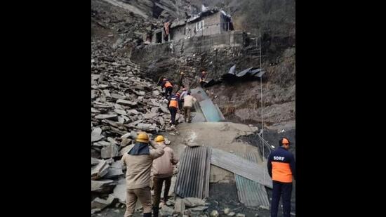 Two labourers were killed in a landslide near a stone crusher at Ashwani Khud on the Mehli-Junga road, 20km from Shimla, on Tuesday morning. (Deepak Sansta/HT)