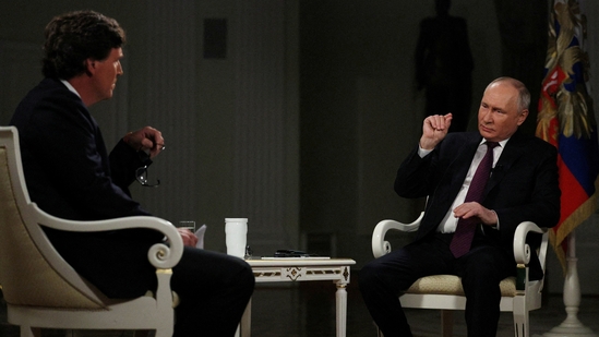 Russian President Vladimir Putin speaks during an interview with U.S. television host Tucker Carlson in Moscow, Russia February 6, 2024. Sputnik/Gavriil Grigorov/Kremlin via REUTERS ATTENTION EDITORS - THIS IMAGE WAS PROVIDED BY A THIRD PARTY.(via REUTERS)
