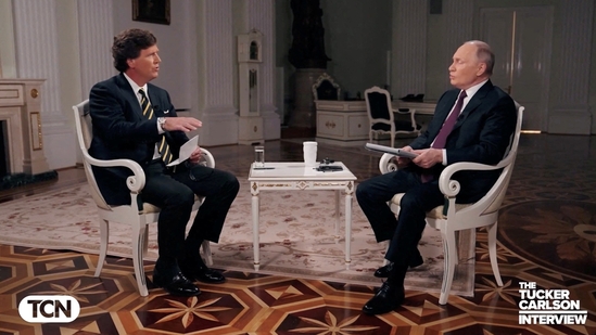 Russian President Vladimir Putin speaks during an interview with U.S. television host Tucker Carlson in Moscow, Russia, February 6, 2024, in this still image taken from video released February 8, 2024. Courtesy of Tucker Carlson Network/Handout via REUTERS (via REUTERS)