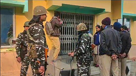 Security personnel during a raid at TMC functionary Shahjahan Sheikh's house in Sandeshkhali in January. (PTI photo) Security personnel during a raid at TMC functionary Shahjahan Sheikh's house in Sandeshkhali in January. (PTI photo)
