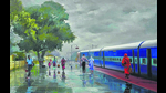 At journey’s end: Commuters at an unnamed railway station. (Art by Bijay Biswaal) At journey’s end: Commuters at an unnamed railway station. (Art by Bijay Biswaal)