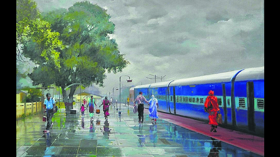 At journey’s end: Commuters at an unnamed railway station. (Art by Bijay Biswaal) At journey’s end: Commuters at an unnamed railway station. (Art by Bijay Biswaal)