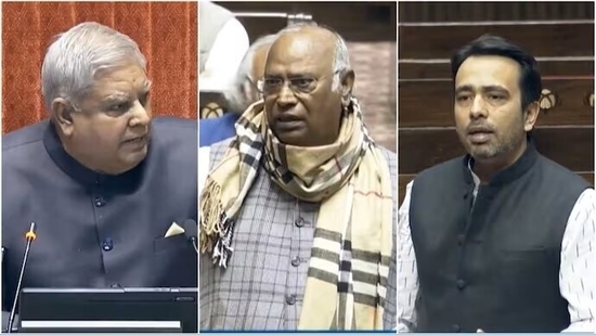 Rajya Sabha chairman Jagdeep Dhankhar, leader of Opposition Mallikarjun Kharge and RLD MP Jayant Singh. Rajya Sabha chairman Jagdeep Dhankhar, leader of Opposition Mallikarjun Kharge and RLD MP Jayant Singh.