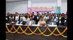 Deputy CM Brajesh Pathak at the National PG College with staff and students. (HT Photo) Deputy CM Brajesh Pathak at the National PG College with staff and students. (HT Photo)