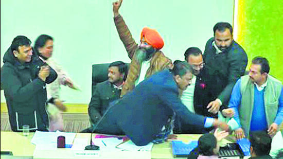 When the results were declared, 16 votes had been polled in BJP’s favour, 12 in the INDIA bloc’s favour and eight had been declared invalid. (HT Photo) When the results were declared, 16 votes had been polled in BJP’s favour, 12 in the INDIA bloc’s favour and eight had been declared invalid. (HT Photo)
