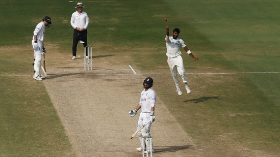 India's Jasprit Bumrah celebrates after taking the wicket of England's Ben Foakes (REUTERS)
