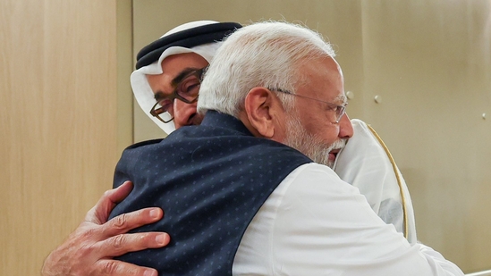 Prime Minister Narendra Modi hugs UAE's president Mohammed bin Zayed Al Nahyan