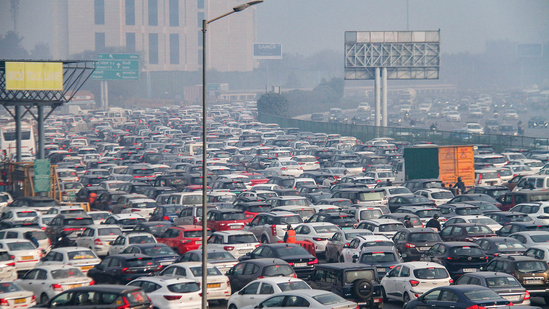 Traffic crawled at a snail's pace in Delhi-NCR on Tuesday morning as police placed multiple layers of barricades on the Singhu, Tikri and Ghazipur borders in view of the farmers' march to the national capital.&nbsp;&nbsp;(PTI)