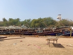 A fire call has been received about the collapse of a temporary structure in Jawaharlal Nehru Stadium New Delhi on Saturday.(HT Photo) A fire call has been received about the collapse of a temporary structure in Jawaharlal Nehru Stadium New Delhi on Saturday.(HT Photo)