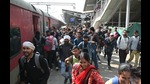 Candidates struggling to catch the train at Charbagh Railway station after the exam in Lucknow on Sunday (Mushtaq Ali/ Hindustan Times) Candidates struggling to catch the train at Charbagh Railway station after the exam in Lucknow on Sunday (Mushtaq Ali/ Hindustan Times)