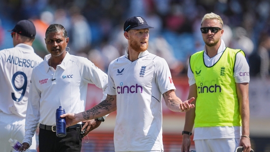 Did India declare or not? England captain Ben Stokes reacts after a confusion occurred over the India's declaration of innings during the 4th day of the 3rd cricket Test match between India and England, at Niranjan Shah Stadium, in Rajkot(PTI)