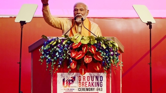 Prime Minister Narendra Modi on Monday launched as many as 14,500 projects across Uttar Pradesh worth more than <span class='webrupee'>₹</span>10 Lakh crore at the fourth groundbreaking ceremony in Lucknow for investment proposals received during the UP Global Investors Summit 2023 (UPGIS 2023) held in February 2023. (HT Photo/Deepak Gupta)