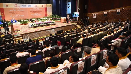 According to a press release by IGNOU, the convocation ceremony was held at the Baba Saheb Ambedkar Convention Centre, IGNOU Maidan Garhi Campus, New Delhi. (Handout)