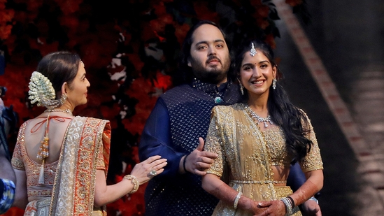 Anant Ambani-Radhika Merchant wedding: Radhika Merchant and Anant Ambani are seen.
