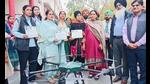 DC Sawhney hands over drones to four women, known as ‘Namo Drone Didis’ . (HT) DC Sawhney hands over drones to four women, known as ‘Namo Drone Didis’ . (HT)