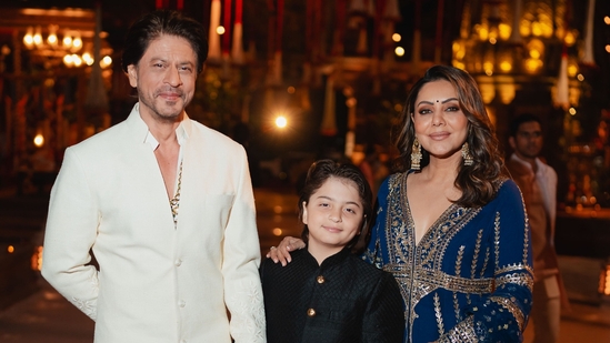Actor Shah Rukh Khan opted for an off-white sherwani and salwar with little embroidery at the bottom. Gauri Khan wore a heavily embellished blue sharara set and their son AbRam Khan looked cute in a black sherwani.