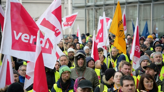Lufthansa ground staff attend a strike in Frankfurt, Germany.(REUTERS)