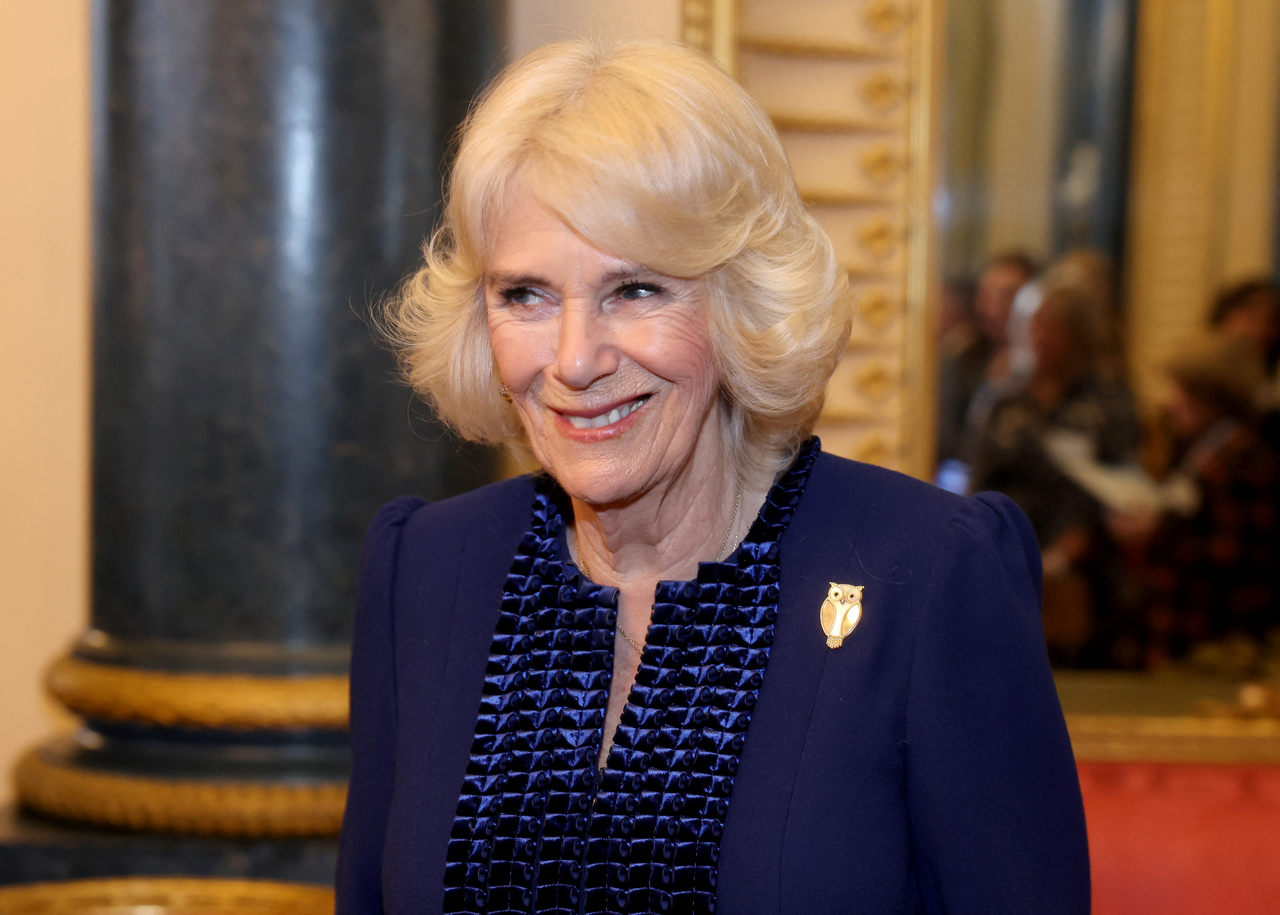 Britain's Queen Camilla smiles during a reception for the BBC's 500 Words Finalists at Buckingham Palace on February 28, 2024 in London, Britain (Chris Jackson/Pool via REUTERS)(via REUTERS)