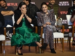 Karisma Kapoor and Sara Ali Khan laugh and giggle at the trailer launch event for their upcoming movie, Murder Mubarak. Karisma plays an actor and Sara plays a paranoid young woman in the murder mystery. Karisma Kapoor and Sara Ali Khan laugh and giggle at the trailer launch event for their upcoming movie, Murder Mubarak. Karisma plays an actor and Sara plays a paranoid young woman in the murder mystery.