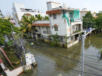 An inundated area amid floods after heavy rainfall in the aftermath of Cyclone Michaung, in Chennai.(PTI) An inundated area amid floods after heavy rainfall in the aftermath of Cyclone Michaung, in Chennai.(PTI)