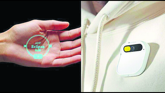 Humane’s AI Pin links with the user’s phone, and follows voice instructions. It can also project visuals onto the user’s palm. Humane’s AI Pin links with the user’s phone, and follows voice instructions. It can also project visuals onto the user’s palm.