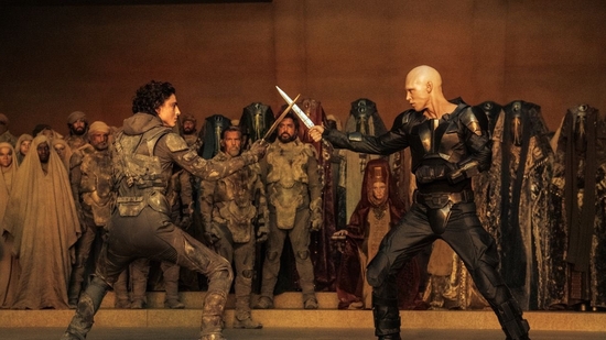 Timothee Chalamet and Austin Butler in a scene from Dune: Part Two. Timothee Chalamet and Austin Butler in a scene from Dune: Part Two.