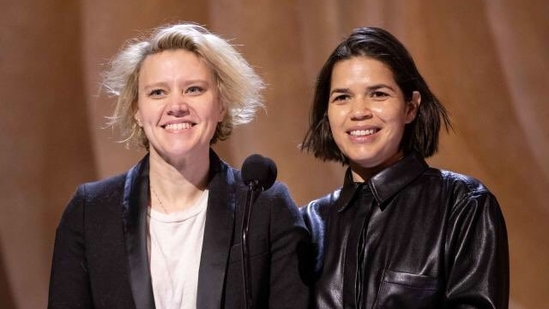 Kate McKinnon and America Ferrera, co-stars from Barbie, rehearse to present an award at the 96th Academy Awards on Sunday evening (Monday morning in India).