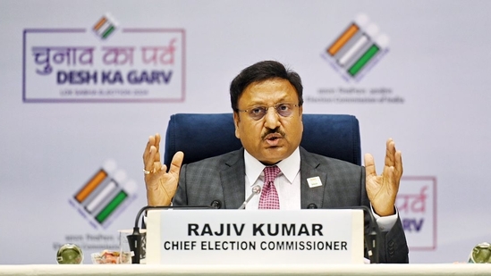 Chief election commissioner Rajiv Kumar during the press conference on the 2024 Lok Sabha elections schedule at Vigyan Bhawan in New Delhi on March 16. (Raj K Raj/HT photo) Chief election commissioner Rajiv Kumar during the press conference on the 2024 Lok Sabha elections schedule at Vigyan Bhawan in New Delhi on March 16. (Raj K Raj/HT photo)