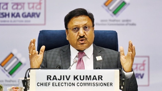 Chief election commissioner Rajiv Kumar during the press conference on the 2024 Lok Sabha elections schedule (Raj K Raj/HT photo) Chief election commissioner Rajiv Kumar during the press conference on the 2024 Lok Sabha elections schedule (Raj K Raj/HT photo)