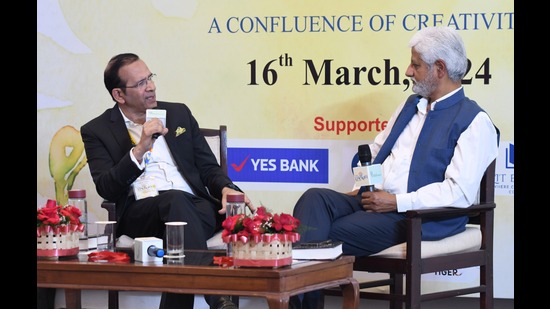 Ajay Bisaria, former Indian high commissioner to Pakistan (left), in conversation with Hindustan Times executive editor Ramesh Vinayak at ‘Literati’ in Chandigarh on Saturday. (HT Photo) Ajay Bisaria, former Indian high commissioner to Pakistan (left), in conversation with Hindustan Times executive editor Ramesh Vinayak at ‘Literati’ in Chandigarh on Saturday. (HT Photo)