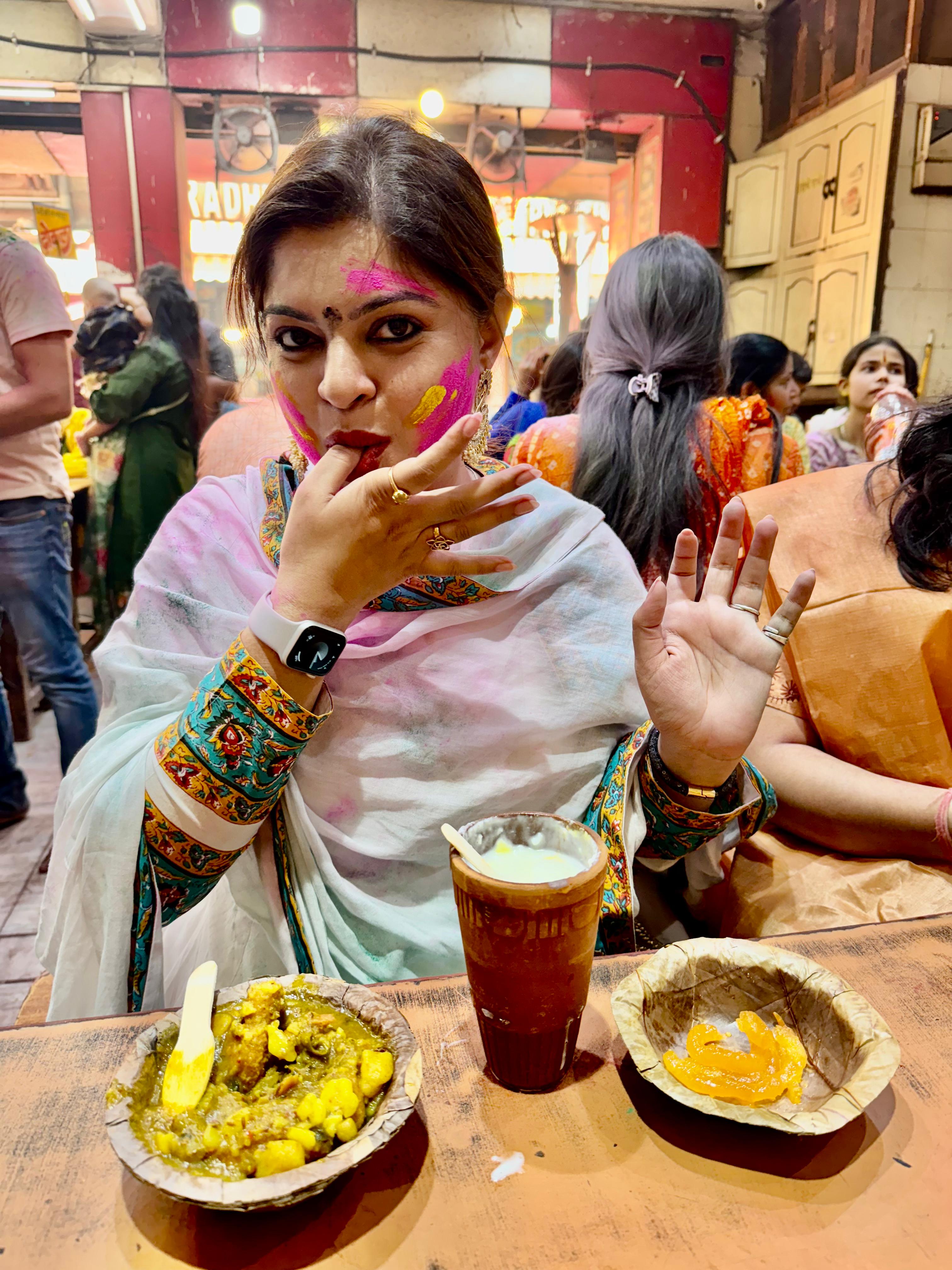 Shena Wagh trying local cuisine on her visit to Vrindavan Shena Wagh trying local cuisine on her visit to Vrindavan