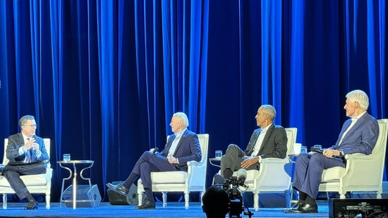 US President Joe Biden sitting alongside Barack Obama and Bill Clinton being interviewed by Stephen Colbert. US President Joe Biden sitting alongside Barack Obama and Bill Clinton being interviewed by Stephen Colbert.