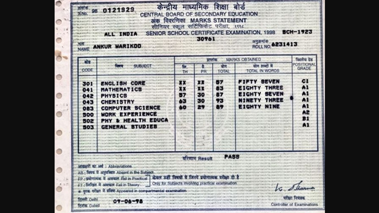 Ankur Warikoo shared this picture of his CBSE 12 marksheet on Instagram. (Instagram/@ankurwarikoo) Ankur Warikoo shared this picture of his CBSE 12 marksheet on Instagram. (Instagram/@ankurwarikoo)