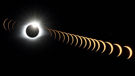 Total Solar Eclipse 2024: A composite image of 21 separate photographs taken with a single fixed camera shows the Solar Eclipse as it creates the effect of a diamond ring at Totality. (REUTERS)