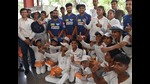 Cricket trainees of the KD Singh Babu Stadium with LSG members, in Lucknow, on Friday. (HT Photo) Cricket trainees of the KD Singh Babu Stadium with LSG members, in Lucknow, on Friday. (HT Photo)
