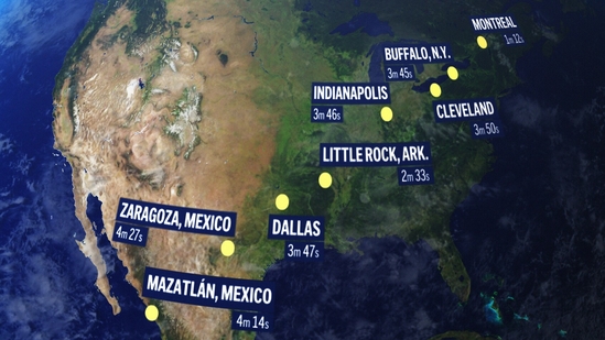 A total solar eclipse April 8 will enter over Mexico's Pacific coast, dash up through Texas and Oklahoma, crisscross the Midwest, Mid-Atlantic and New England, before exiting over eastern Canada into the Atlantic.(AP) A total solar eclipse April 8 will enter over Mexico's Pacific coast, dash up through Texas and Oklahoma, crisscross the Midwest, Mid-Atlantic and New England, before exiting over eastern Canada into the Atlantic.(AP)