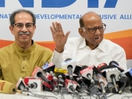 Mumbai: Shiv Sena (UBT) chief Uddhav Thackeray, Maharashtra Congress President Nana Patole and NCP (SP) chief Sharad Pawar during a Maha Vikas Aghadi (MVA) press conference, in Mumbai, Tuesday, April 9, 2024. (PTI Photo/Shashank Parade)(PTI04_09_2024_RPT065B)(PTI) Mumbai: Shiv Sena (UBT) chief Uddhav Thackeray, Maharashtra Congress President Nana Patole and NCP (SP) chief Sharad Pawar during a Maha Vikas Aghadi (MVA) press conference, in Mumbai, Tuesday, April 9, 2024. (PTI Photo/Shashank Parade)(PTI04_09_2024_RPT065B)(PTI)