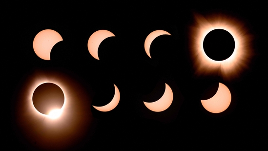 In this composite of eight photographs, the moon passes by the sun into totality and away again during a total solar eclipse in Bloomington, Indiana.(AFP) In this composite of eight photographs, the moon passes by the sun into totality and away again during a total solar eclipse in Bloomington, Indiana.(AFP)