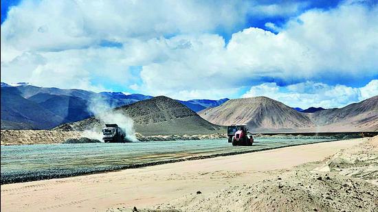 Work on to upgrade the runway at Nyoma airbase. (HT Photo) Work on to upgrade the runway at Nyoma airbase. (HT Photo)