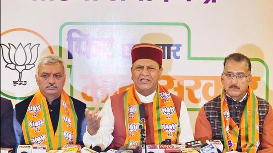 BJP Himachal chief Rajeev Bindal addresses a press conference Shimla on Monday. (Deepak Sansta/HT) BJP Himachal chief Rajeev Bindal addresses a press conference Shimla on Monday. (Deepak Sansta/HT)
