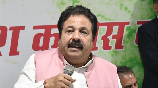 AICC Chandigarh in-charge Rajeev Shukla had flown in to Chandigarh to watch the Punjab Kings vs Mumbai Indians IPL match played at the Mullanpur stadium on Thursday evening. (HT Photo) AICC Chandigarh in-charge Rajeev Shukla had flown in to Chandigarh to watch the Punjab Kings vs Mumbai Indians IPL match played at the Mullanpur stadium on Thursday evening. (HT Photo)