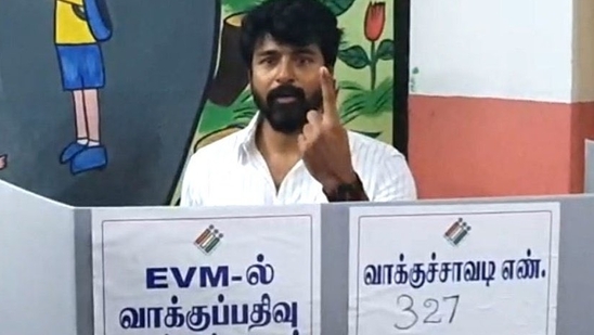 Sivakarthikeyan was spotted patiently waiting his line to cast his vote and later speaking to the press.(X)