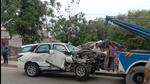 The SUV of former MLA Angad Singh Saini being towed away after the accident on the highway to Chandigarh near Taunsa village in Balachaur tehsil of Shaheed Bhagat Singh Nagar on Tuesday. (HT Photo) The SUV of former MLA Angad Singh Saini being towed away after the accident on the highway to Chandigarh near Taunsa village in Balachaur tehsil of Shaheed Bhagat Singh Nagar on Tuesday. (HT Photo)