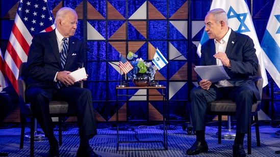 U.S. President Joe Biden, left, meets with Israeli Prime Minister Benjamin Netanyahu, right, to discuss the ongoing conflict between Israel and Hamas, (Reuters)(via REUTERS)
