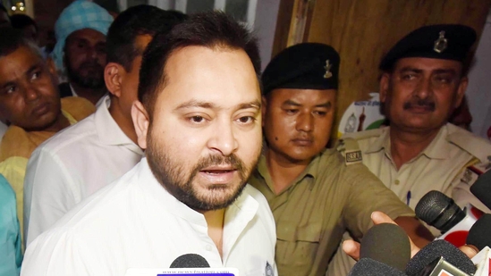 RJD leader Tejashwi Yadav speaking with media persons after election meeting with party senior leaders at RJD office in Patna, Bihar, India, Tuesday, 09, 2024. (Photo by Santosh Kumar/ Hindustan Times)