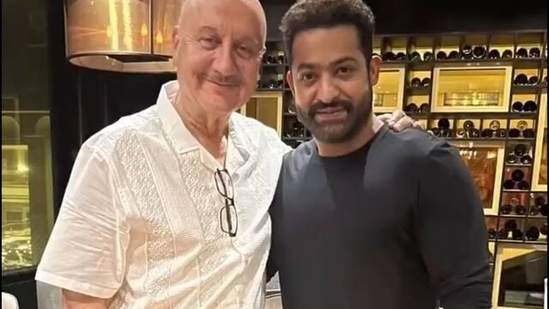 Anupam Kher bumped into Jr NTR in Mumbai.(Instagram) Anupam Kher bumped into Jr NTR in Mumbai.(Instagram)